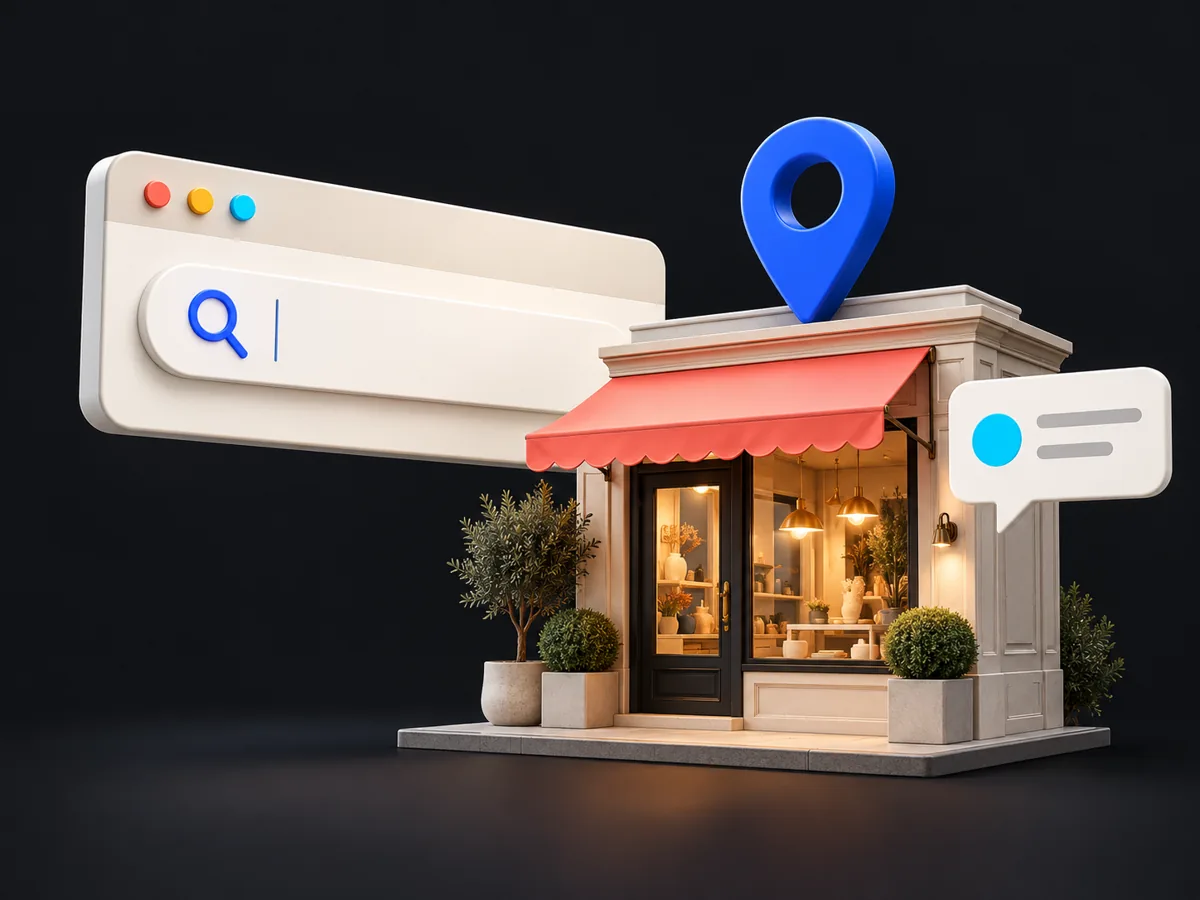 Illustration d’une recherche en ligne, d’une entreprise locale et d’une demande de contact